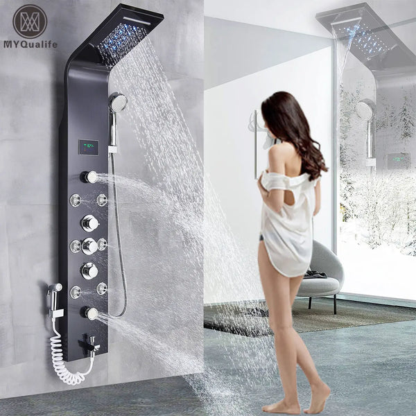 Black LED Light Shower Faucet Bathroom SPA Massage Jet Shower Column System Waterfall Rain Shower Panel Bidet Sprayer Tap..