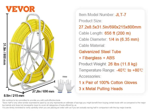 VEVOR Fish Tape Fiberglass 425/492/600/656 ft Duct Rodder Fishtape Wire Puller Fishing Tools for Walls and Electrical Conduit..