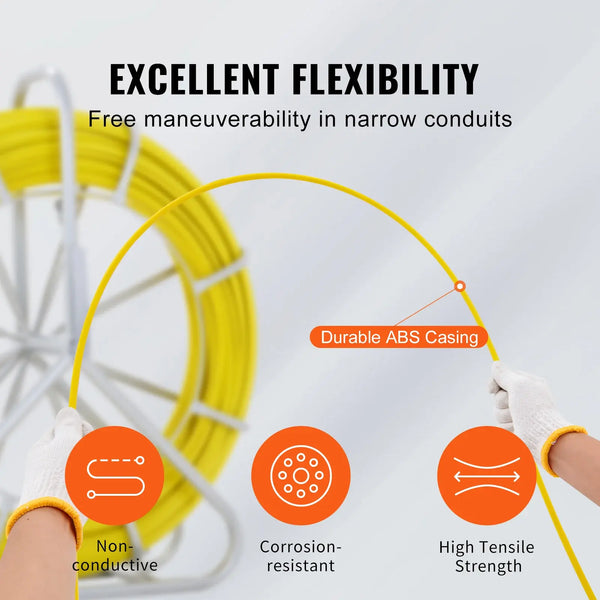 VEVOR Fish Tape Fiberglass 425/492/600/656 ft Duct Rodder Fishtape Wire Puller Fishing Tools for Walls and Electrical Conduit..