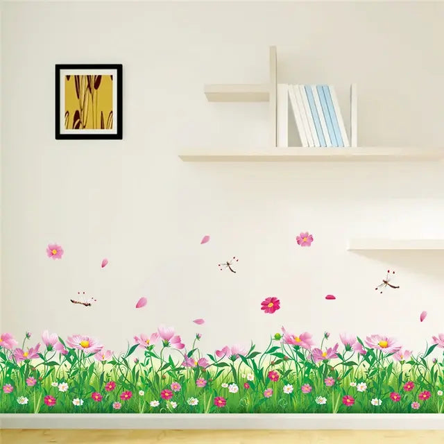 Pastoral Flowers Grass Fence With Butterfly Wall Stickers For Office Shop Bedroom Baseboard Home Decoration Pvc Decals Mural Art