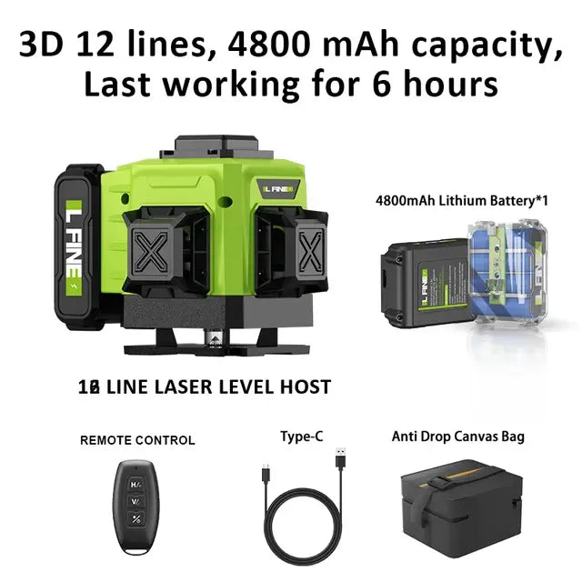 LFINE 3D/4D Laser Level 12/16 Lines Horizontal And Vertical With Remote Control 8 Lines 360°Self-leveling Laser Levels..