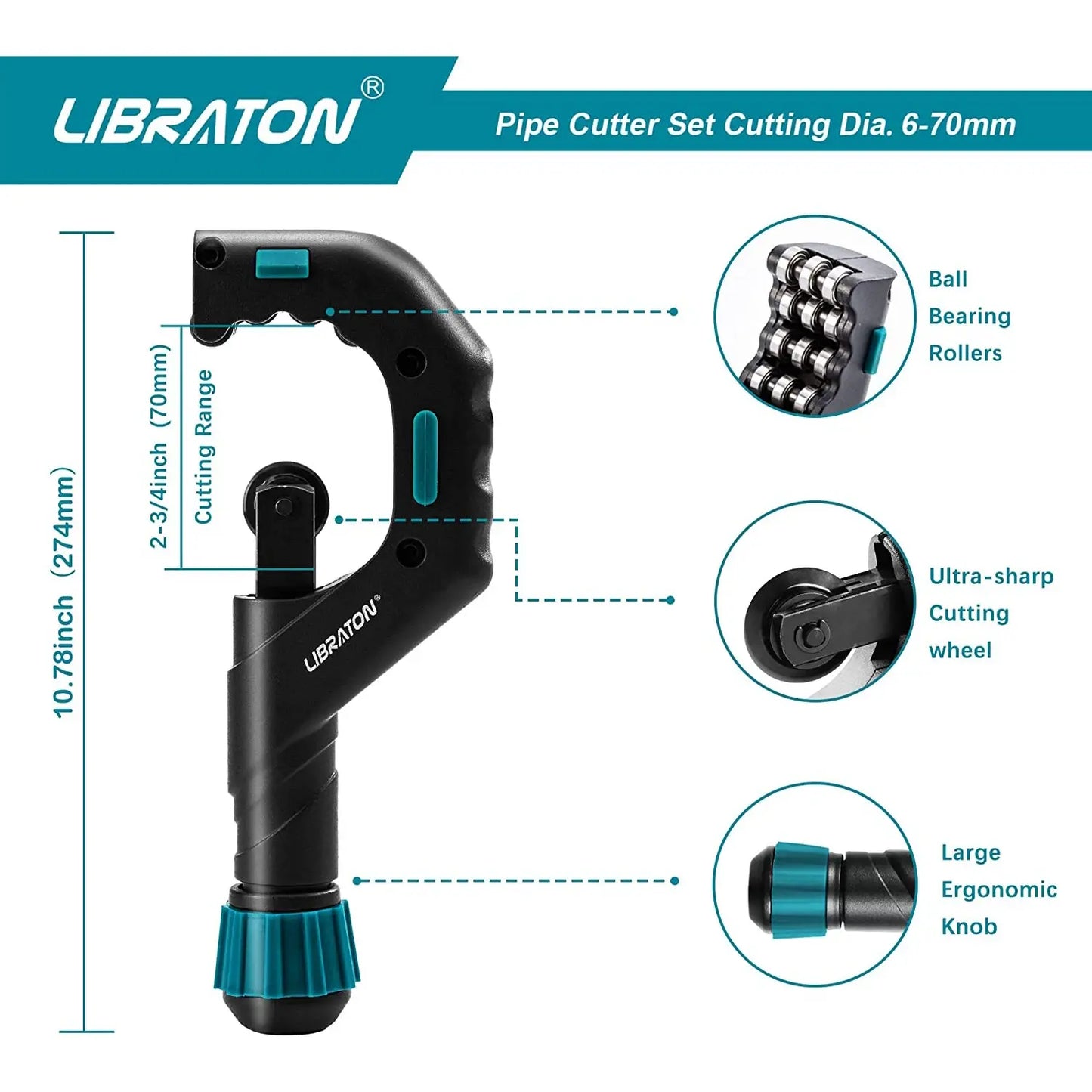 LIBRATON Copper Tube Cutter 6mm to 70mm, Heavy-duty Tubing Cutter for Aluminum Thin Stainless Steel Pipe with Deburring Tool..