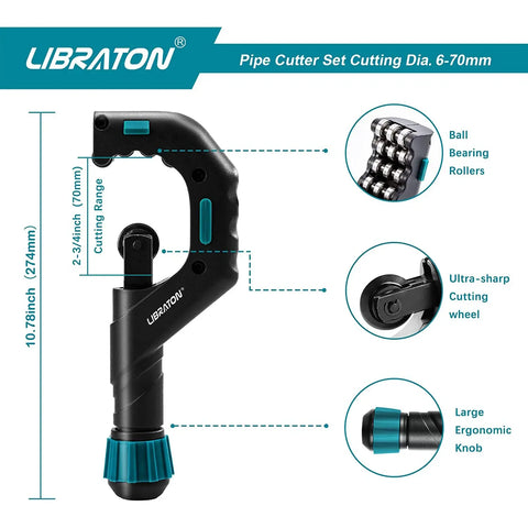 LIBRATON Copper Tube Cutter 6mm to 70mm, Heavy-duty Tubing Cutter for Aluminum Thin Stainless Steel Pipe with Deburring Tool..