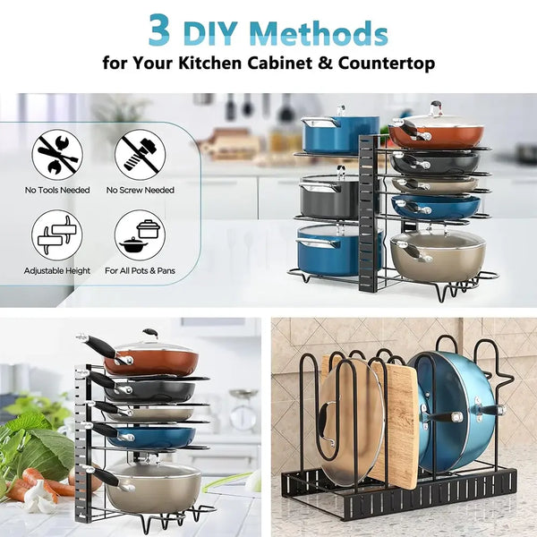 8 Tiers Pan Pot Organizer Rack 3 DIY Methods Adjustable Cabinet Pantry Pots Lids Storage Rack Kitchen Organization..