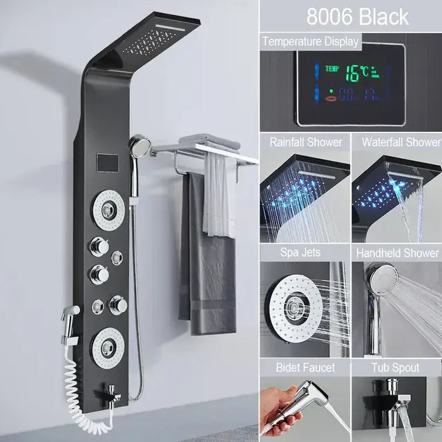 Black LED Light Shower Faucet Bathroom SPA Massage Jet Shower Column System Waterfall Rain Shower Panel Bidet Sprayer Tap..