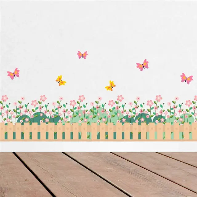 Pastoral Flowers Grass Fence With Butterfly Wall Stickers For Office Shop Bedroom Baseboard Home Decoration Pvc Decals Mural Art