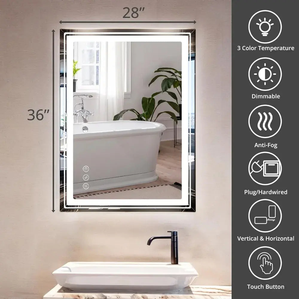 Bathroom Mirror with Lights 36x28 Inch Anti-Fog Shatter-Proof Wall-Mounted with Frontlet & Backlit Fixture Home Freight free..