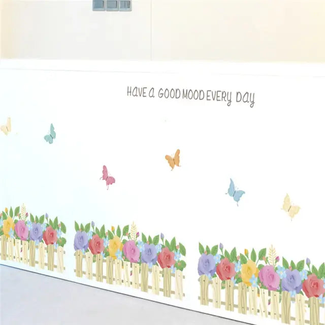 Pastoral Flowers Grass Fence With Butterfly Wall Stickers For Office Shop Bedroom Baseboard Home Decoration Pvc Decals Mural Art