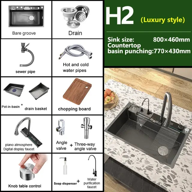 Rotating Waterfall Sink New Stainless Steel Kitchen Sink Multi-function Large Single Slot Integrated Digital Display Wash Basin..