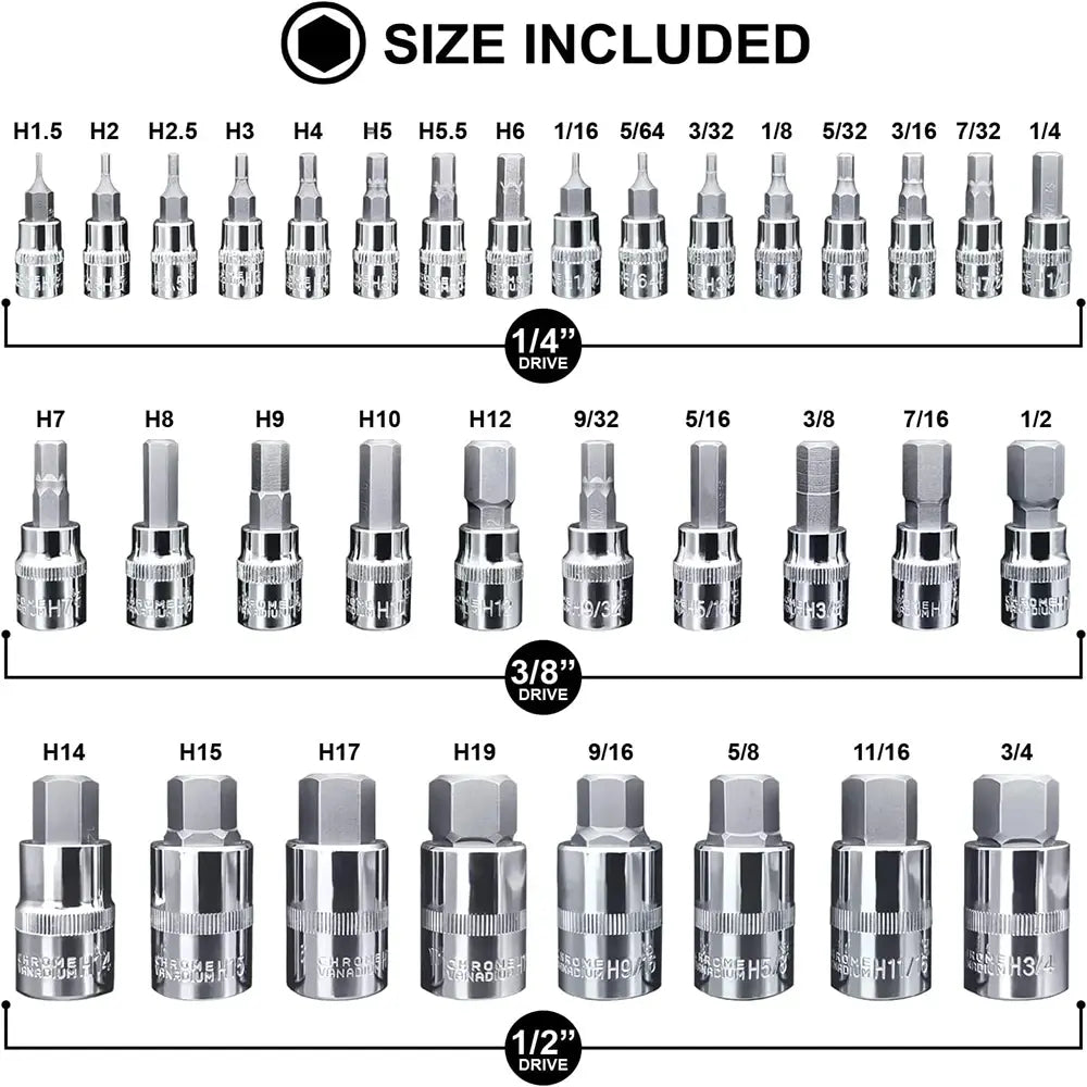 34pcs Master Hex Bit Socket Set Allen Wrench Bit Kit Hex Key for Ratchet Socket Tool SAE and Metric 3/8, 1/4, 1/2 Drive Socket..