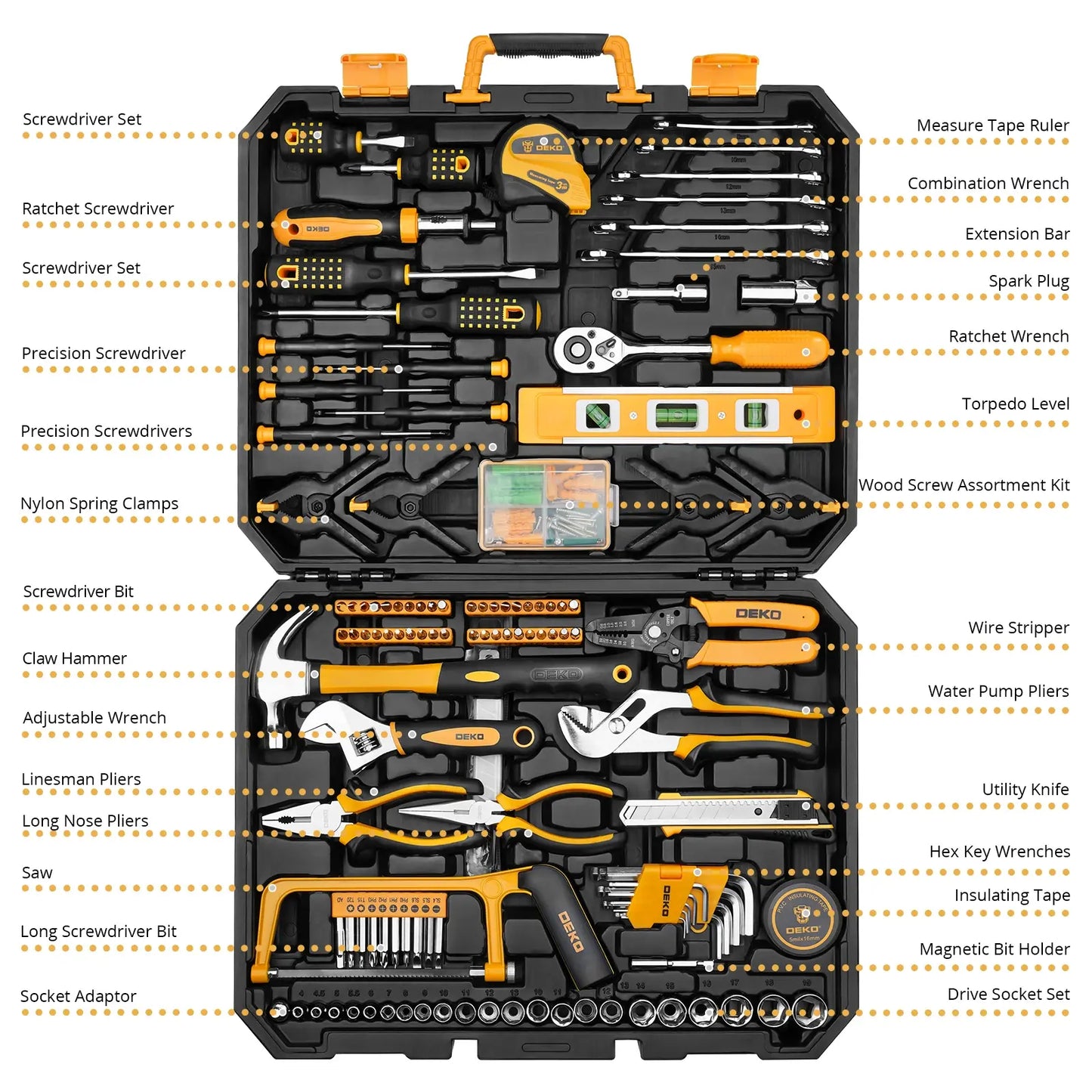 DEKO DKMT228 Socket Wrench Auto Repair Tool Combination Package Mixed Tool Set Hand Tool Kit with Plastic Toolbox Storage Case..