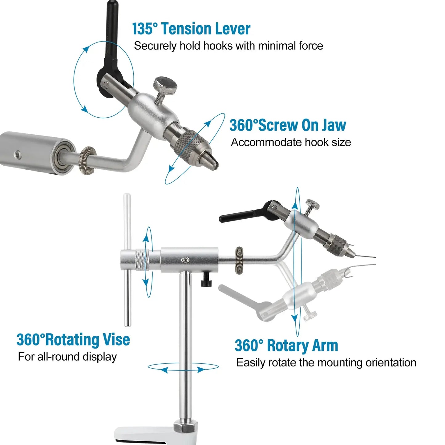 Fly Tying Vise 360 Degree Rotary Stainless Steel Aluminum Alloy Fishing Flies Tieing Tools C-Clamp Mount Standard Jaws..