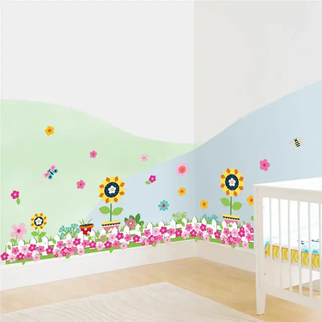 Pastoral Flowers Grass Fence With Butterfly Wall Stickers For Office Shop Bedroom Baseboard Home Decoration Pvc Decals Mural Art