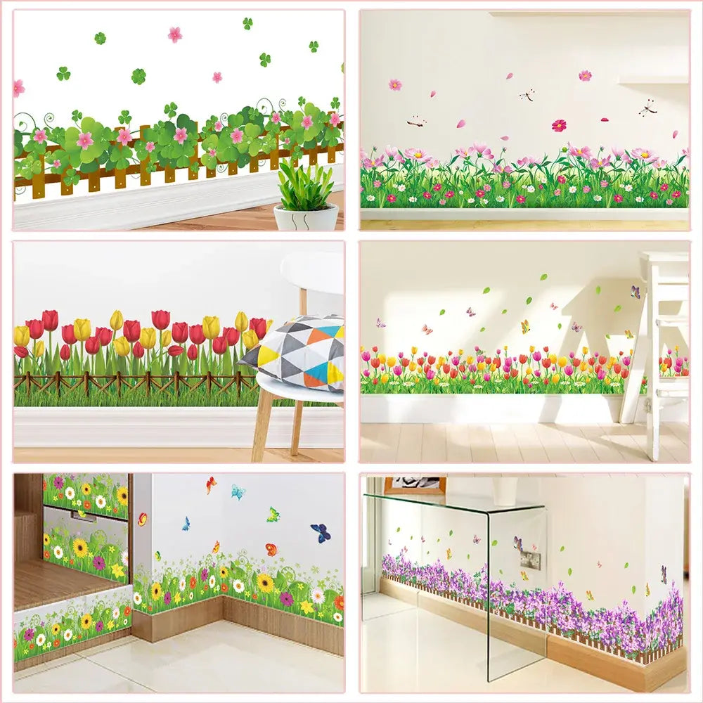 Pastoral Flowers Grass Fence With Butterfly Wall Stickers For Office Shop Bedroom Baseboard Home Decoration Pvc Decals Mural Art