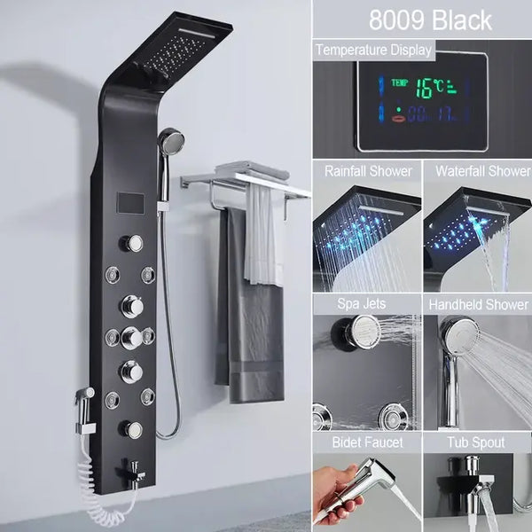 Black LED Light Shower Faucet Bathroom SPA Massage Jet Shower Column System Waterfall Rain Shower Panel Bidet Sprayer Tap..