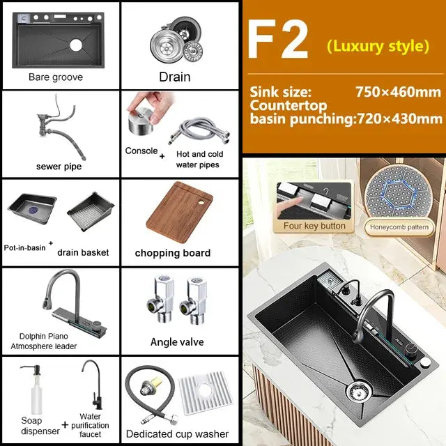 Rotating Waterfall Sink New Stainless Steel Kitchen Sink Multi-function Large Single Slot Integrated Digital Display Wash Basin..