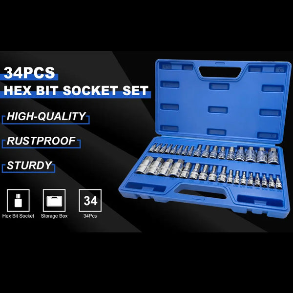 34pcs Master Hex Bit Socket Set Allen Wrench Bit Kit Hex Key for Ratchet Socket Tool SAE and Metric 3/8, 1/4, 1/2 Drive Socket..