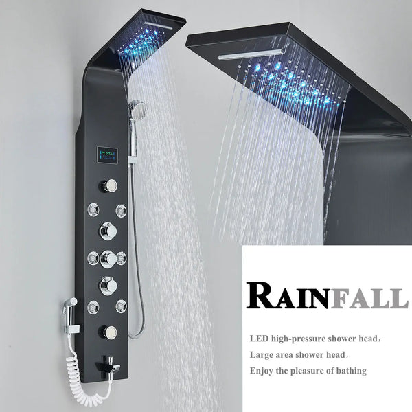 Black LED Light Shower Faucet Bathroom SPA Massage Jet Shower Column System Waterfall Rain Shower Panel Bidet Sprayer Tap..