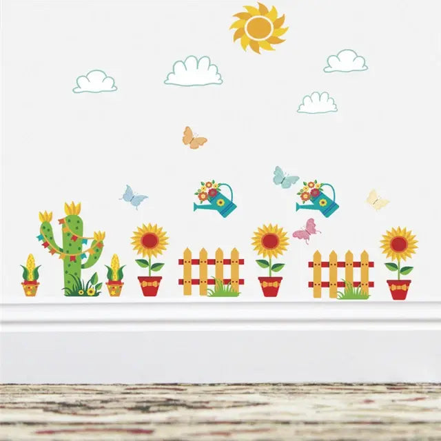 Pastoral Flowers Grass Fence With Butterfly Wall Stickers For Office Shop Bedroom Baseboard Home Decoration Pvc Decals Mural Art