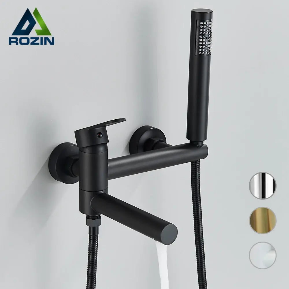 Rozin Black Bathtub Faucet with Swivel Tub Spout Brass Wall Mounted Bathroom Shower Mixer Tap Gold Full Shower Set for Toilet..