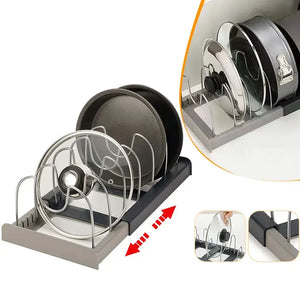 Expandable Pot and Pan Organizers Rack Holder Kitchen Cabinet Pantry Bakeware Organizer Rack with 6 Adjustable Compartments..