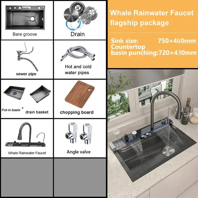 Rotating Waterfall Sink New Stainless Steel Kitchen Sink Multi-function Large Single Slot Integrated Digital Display Wash Basin..