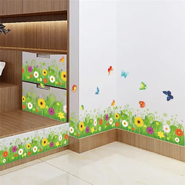 Pastoral Flowers Grass Fence With Butterfly Wall Stickers For Office Shop Bedroom Baseboard Home Decoration Pvc Decals Mural Art