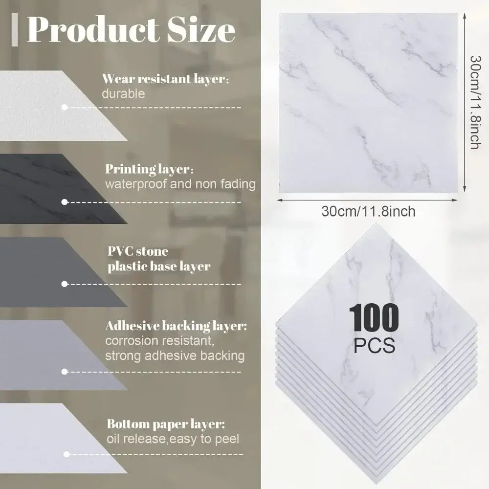 100 Pcs Self Adhesive Peel and Stick Floor Tile 12 x 12 Inch Waterproof Vinyl Flooring Tile Floor Sticker Tiles (Marble Style)..