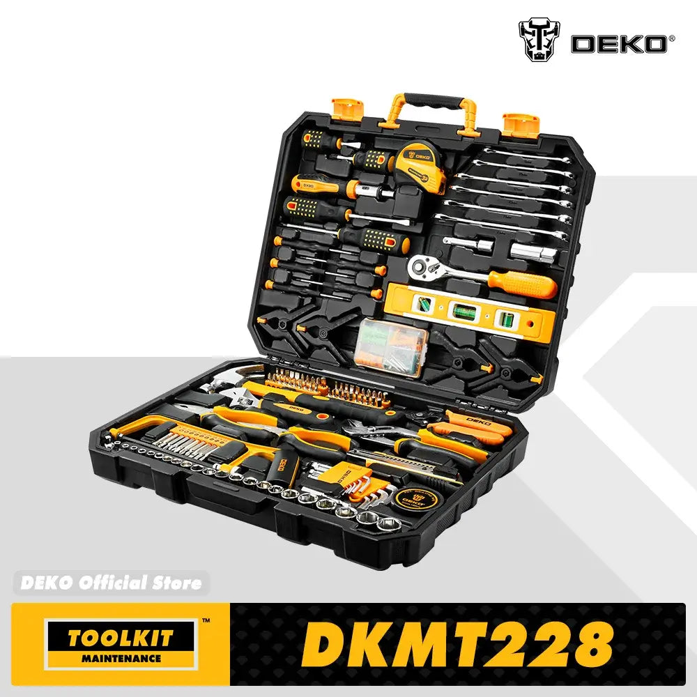 DEKO DKMT228 Socket Wrench Auto Repair Tool Combination Package Mixed Tool Set Hand Tool Kit with Plastic Toolbox Storage Case..