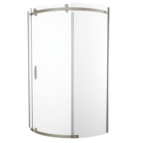 Delta 38 in. x 72 in. Frameless Corner Sliding Shower Door in Stainless Steel and base.