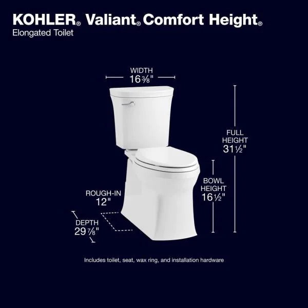 Kohler valiant the Complete Solution 2-Piece 1.28 GPF Single-Flush Elongated Toilet in White.