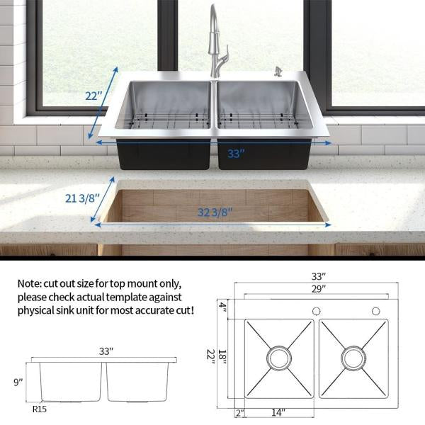 Glacier bay All-in-One Tight Radius Drop-In/Undermount Stainless Steel 33 in. 2-Hole 50/50 Double Bowl Kitchen Sink with Faucet.