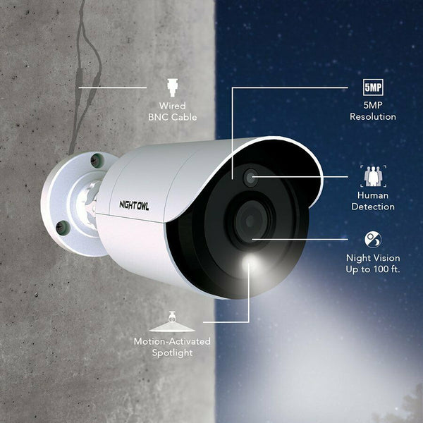 Night owl 8-Channel 5MP 1TB DVR Security Suveillance System with 6-Wired Human Detection Spotlight Bullet Cameras