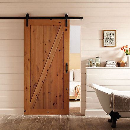 Masonite 36 in. x 84 in. Z-Bar Knotty Alder Wood Interior Sliding Barn Door Slab with Hardware Kit.