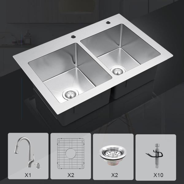 Glacier bay All-in-One Tight Radius Drop-In/Undermount Stainless Steel 33 in. 2-Hole 50/50 Double Bowl Kitchen Sink with Faucet.