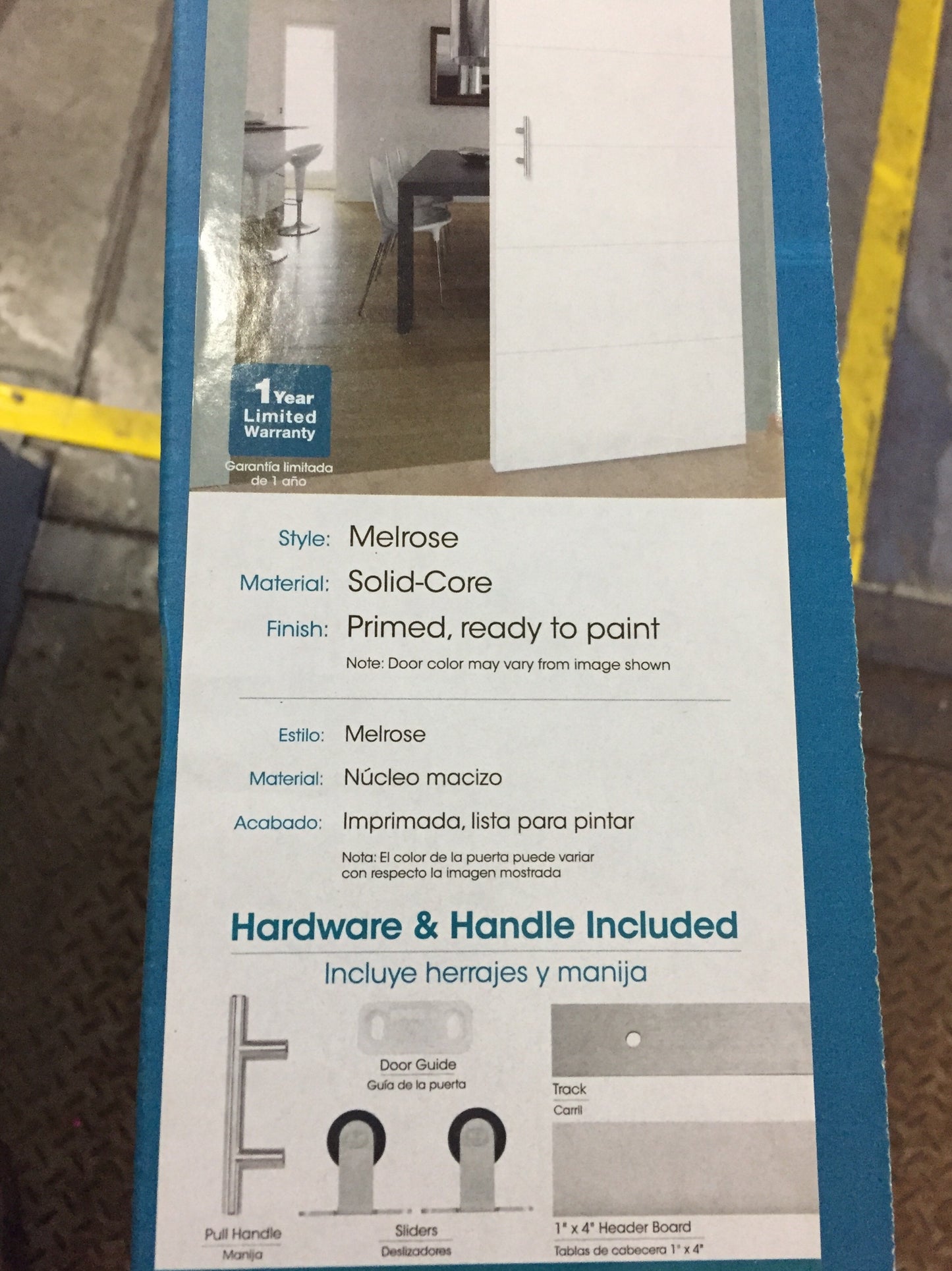 Masonite 84 in. Melrose Solid Core Primed Composite Interior Sliding Barn Door Slab with Hardware Kit.