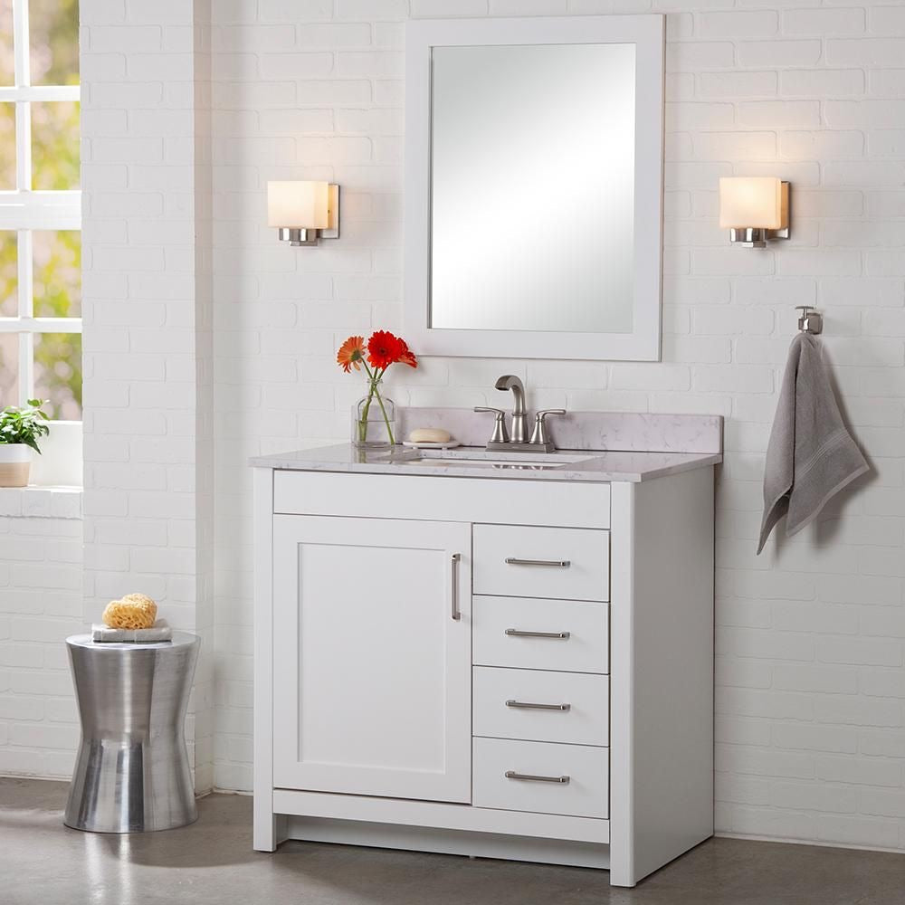 Home decorators Westcourt 36 in. W x 18.75 in. D Bath Vanity in White with Solid Surface Top in Silver Ash with White Sink.