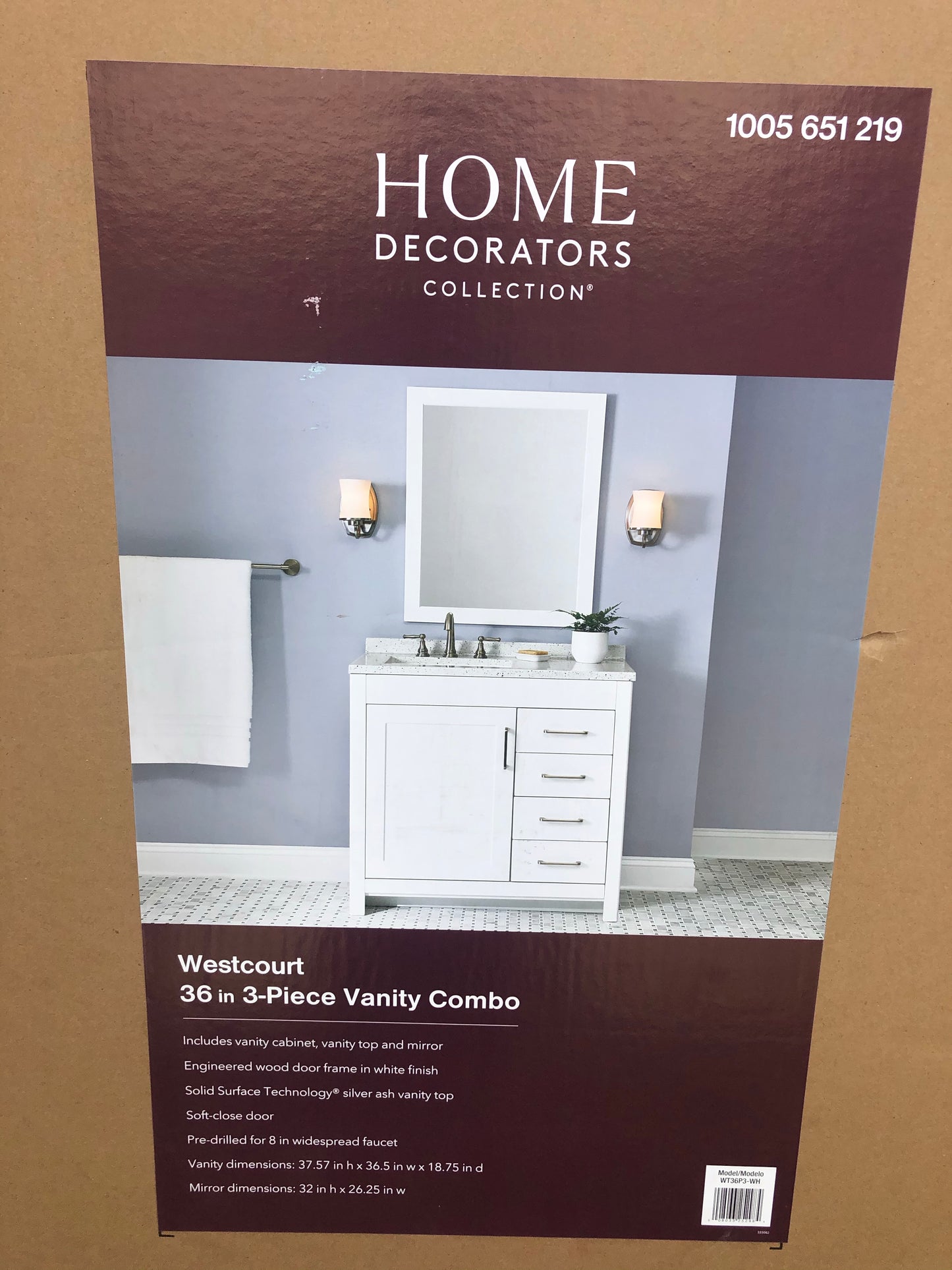 Home decorators Westcourt 36 in. W x 18.75 in. D Bath Vanity in White with Solid Surface Top in Silver Ash with White Sink.