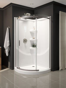 Delta 38 in. x 72 in. Frameless Corner Sliding Shower Door in Stainless Steel and base.