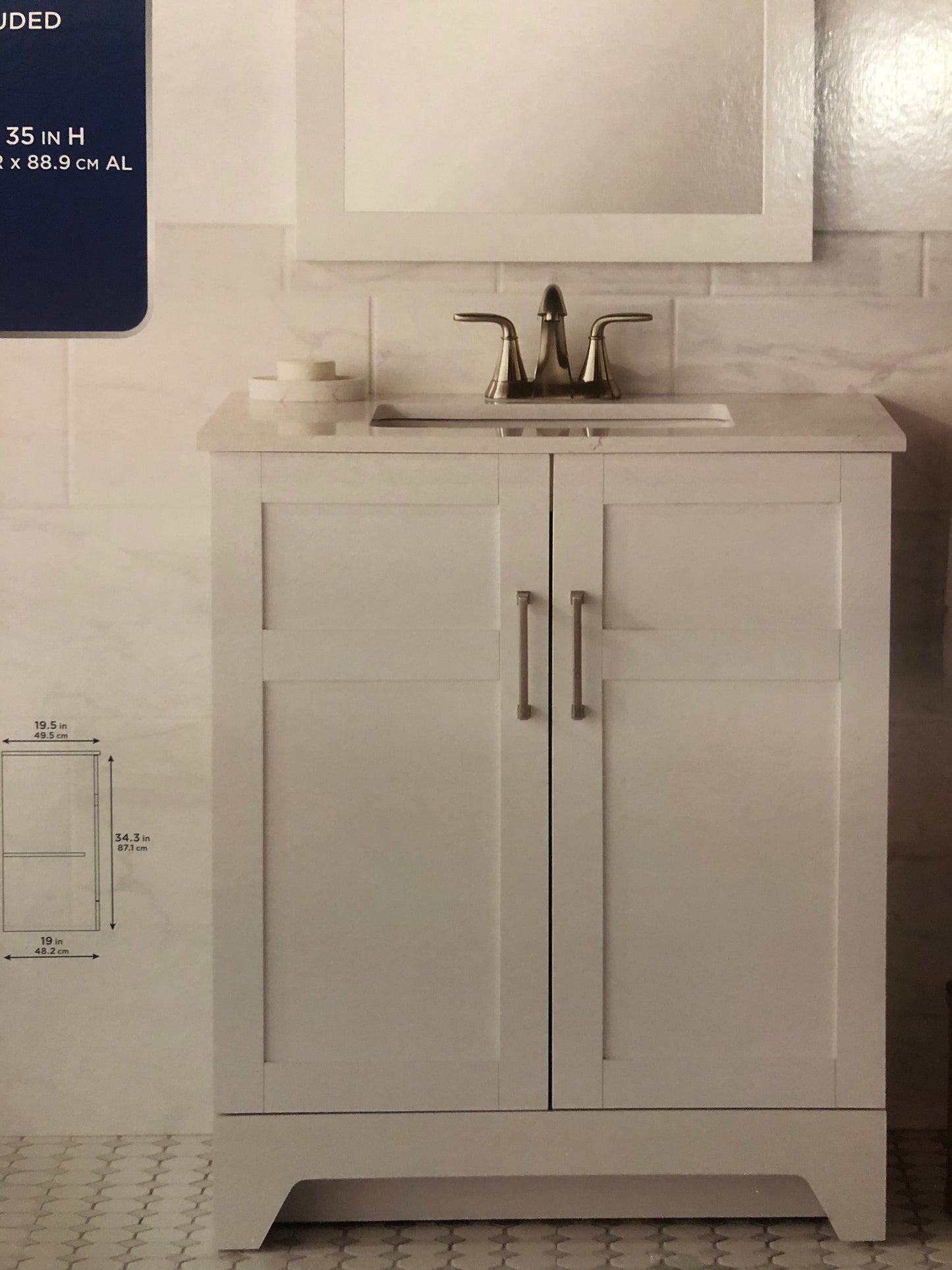 Glacier Bay Avery 30in. W x 19.5in. D x 35 in. H Single Sink with Carrera white stone Top NO Mirror vanity.