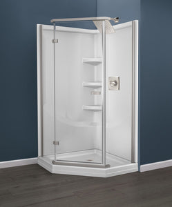 Delta Foundations 38 in. W x 74 in. H Neo-Angle Pivot Framed Corner Shower Enclosure in  chrome.