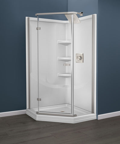 Delta Foundations 38 in. W x 74 in. H Neo-Angle Pivot Framed Corner Shower Enclosure in  chrome.