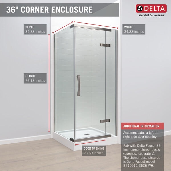 Delta 36 in. x 36 in. x 76 in. 3-Piece Corner Hinged Frameless Shower Enclosure in Stainless. Model:  B912912-3636-SS  