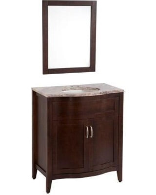 Home Decorators Prado Chestnut 30 in vanity combo. Includes vanity top and mirror. 34 in h. 30 in w 18.66 in D. Model:PD30P3-CN.