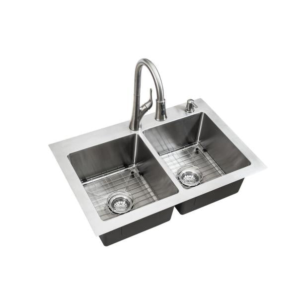 Glacier bay All-in-One Tight Radius Drop-In/Undermount Stainless Steel 33 in. 2-Hole 50/50 Double Bowl Kitchen Sink with Faucet.