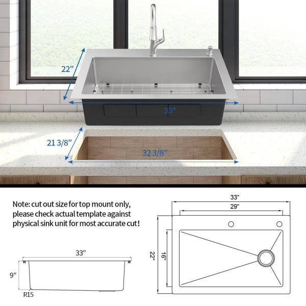 Glacier bay All-in-One Drop-in/Undermount Tight Radius Stainless Steel 33 in. 2-Hole Single Bowl Kitchen Sink with Faucet.