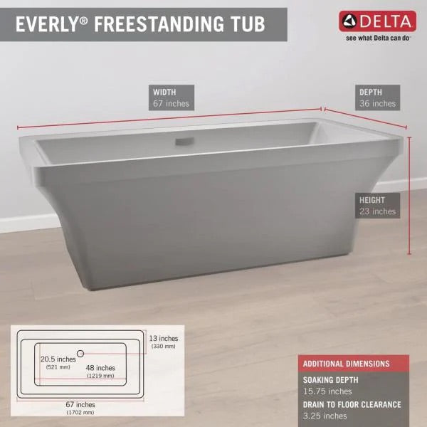 Delta Everly 67 in. Acrylic Flatbottom Bathtub with Integrated Waste and Overflow in White.