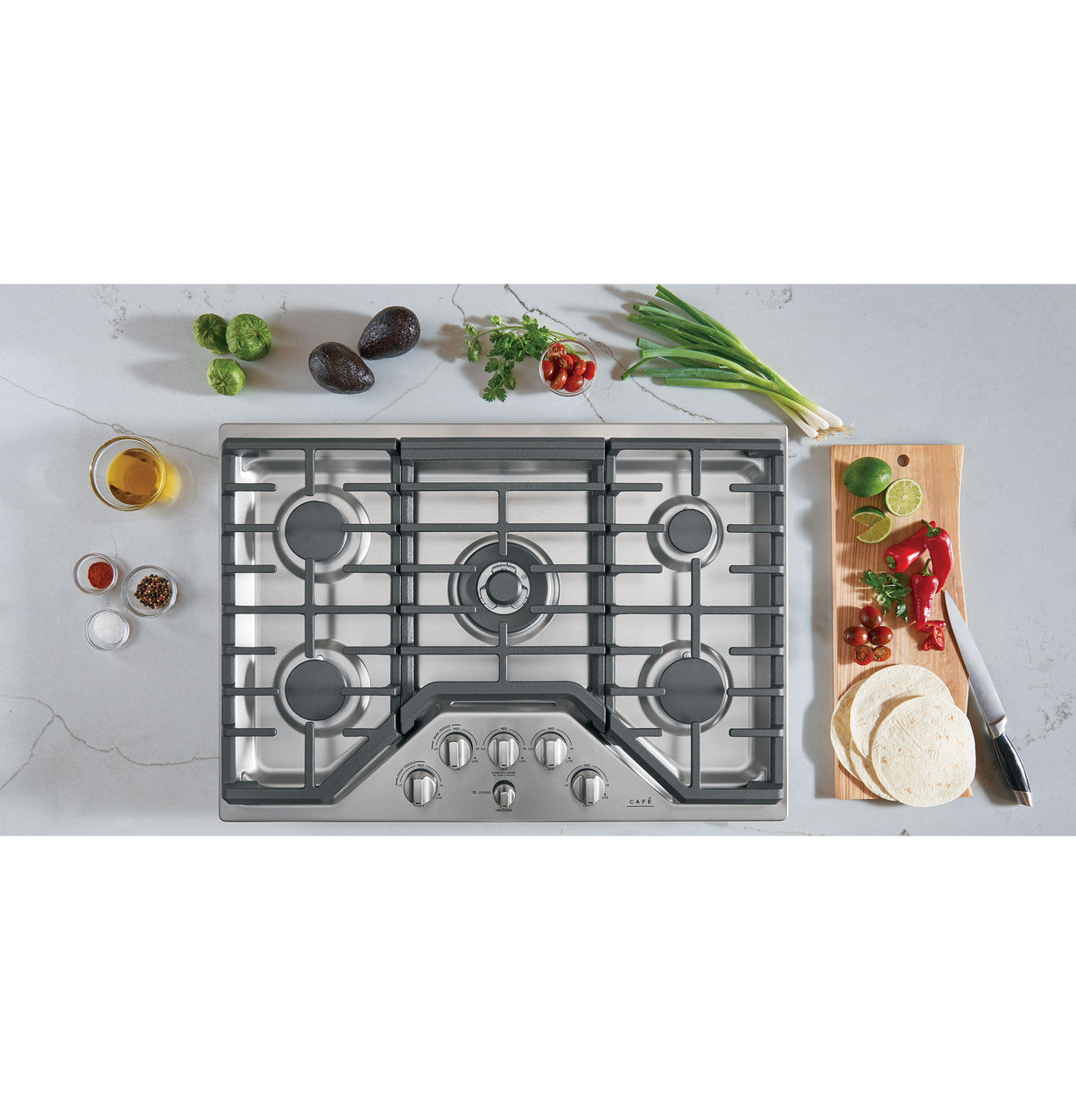 Cafe 30 in. Gas Cooktop in Stainless Steel and Brushed Stainless with 5 Burners Including 20,000 BTU Triple Ring Burner.