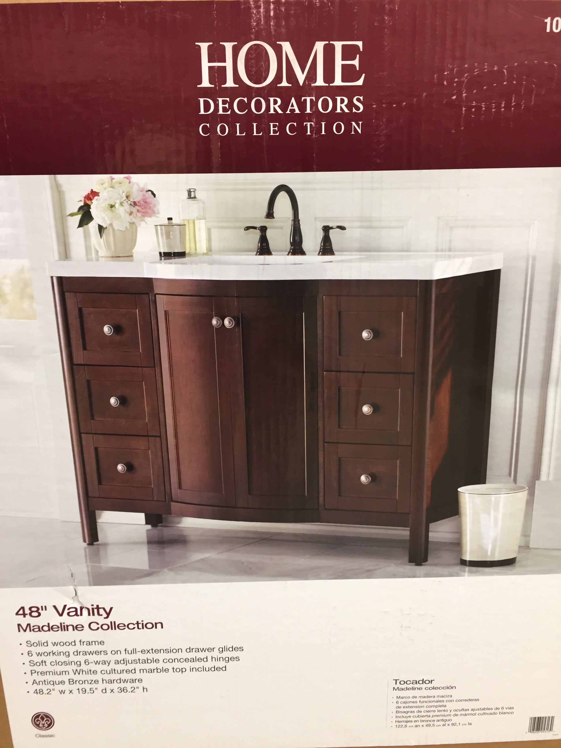 Home Decorator Madeline 48 in. W x 36 in. H x 19 in. D W Vanity in Chestnut with Cultured Marble Vanity Top in White. Model: MD48P2-CN